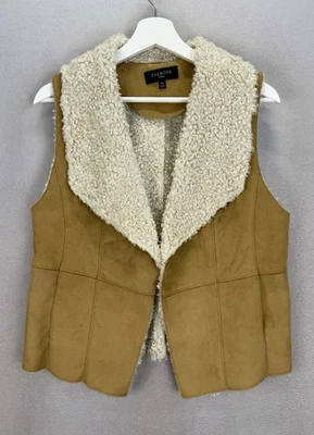 Talbots Women’s Petite Sz M Tan Faux Suede Sleeveless Faux Fur Lined Draped Vest - Image 1 of 4