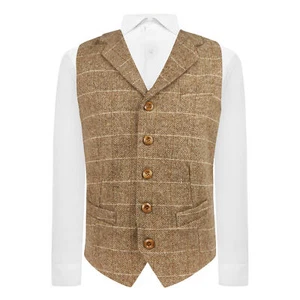 Luxury Brown Herringbone Windowpane Check Waistcoat with Lapel, Tweed - Picture 1 of 5