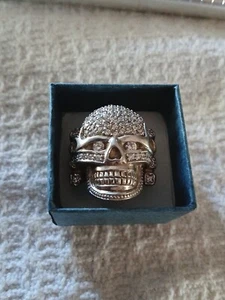 Skull Ring Large Sz 11 Covered In Faux Diamonds Silver Tone Metal. Well Made - Picture 1 of 10