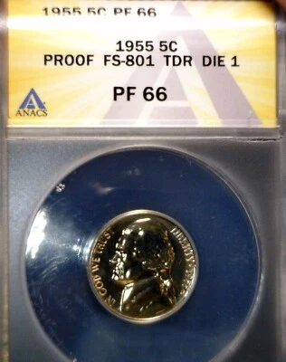 1955 ERROR ANACS PROOF 66 TRIPLE DIE RV. Jefferson Nickel Coin CPG # FS 801 TDR - Image 1 of 4