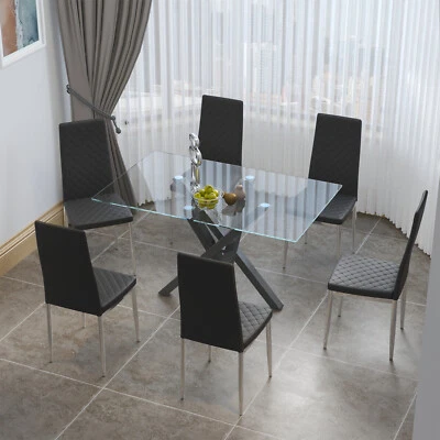 Clear Glass Dining Set Kitchen Table 2 4 6 Chairs Faux Leather Upholstered Seat - Image 1 of 3