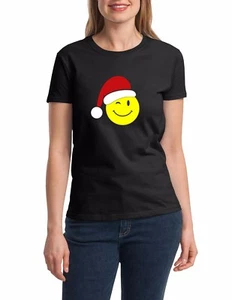 Ladies Emoticon Santa T-Shirt Christmas Xmas Tee Present Gift Funny Emojis Shirt - Picture 1 of 8