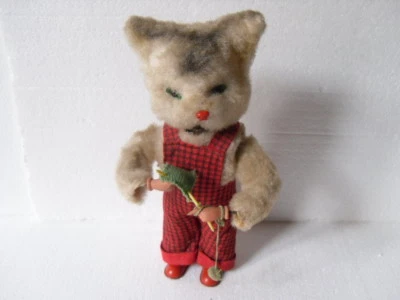 ANCIEN JOUET MECANIQUE A CLE PELUCHE ANIME CHAT QUI TRICOTE  H  27 CM VINTAGE - Photo 1/4