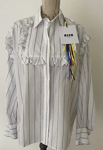 msgm White Long Sleeves Striped Ruffled Blouse MSGM signed design IT46 UK14 BNWT - Picture 1 of 10