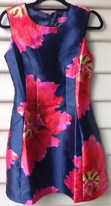 BOOHOO NWT Blue Dress Navy Multi Red Floral 8 XS Satin Skater Sleeveless Party - Picture 1 of 4