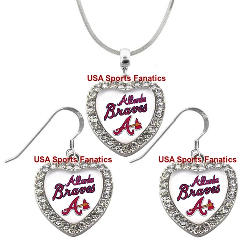 Atlanta Braves Necklace or Earrings or Set Team Heart W/Rhinestones On 925 chain Cover