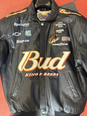 Dale Earnhardt Vintage 90s Jeff Hamilton Budweiser NASCAR Leather Jacket 2XL - Image 1 of 4