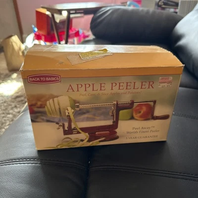 Back To Basics Apple Peeler Red Cast Iron Suction Base Peel Core Slice Potatoes - Image 1 of 4