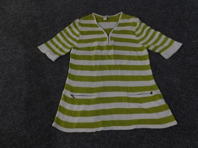 Suéter Coldwater Creek feminino pequeno verde listra branca túnica meio zíper bolsos - Imagem 1 de 4