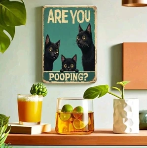 Funny Black Cat Metal Tin Sign 8x12 Retro Bathroom Wall Art Humor Toilet Decor - Picture 1 of 12