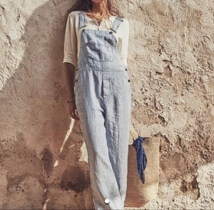 NEW with tags Women's Faherty Blue & White Striped Linen Mechanic Overalls S - Picture 1 of 9