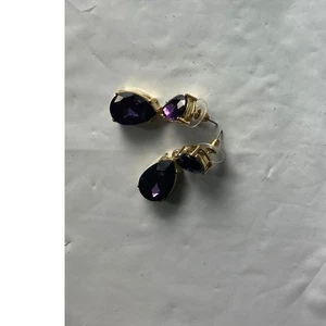Gold Tone Teardrop Purple Gemstone Dangle Earrings Women's Fashion Jewelry - Picture 1 of 3