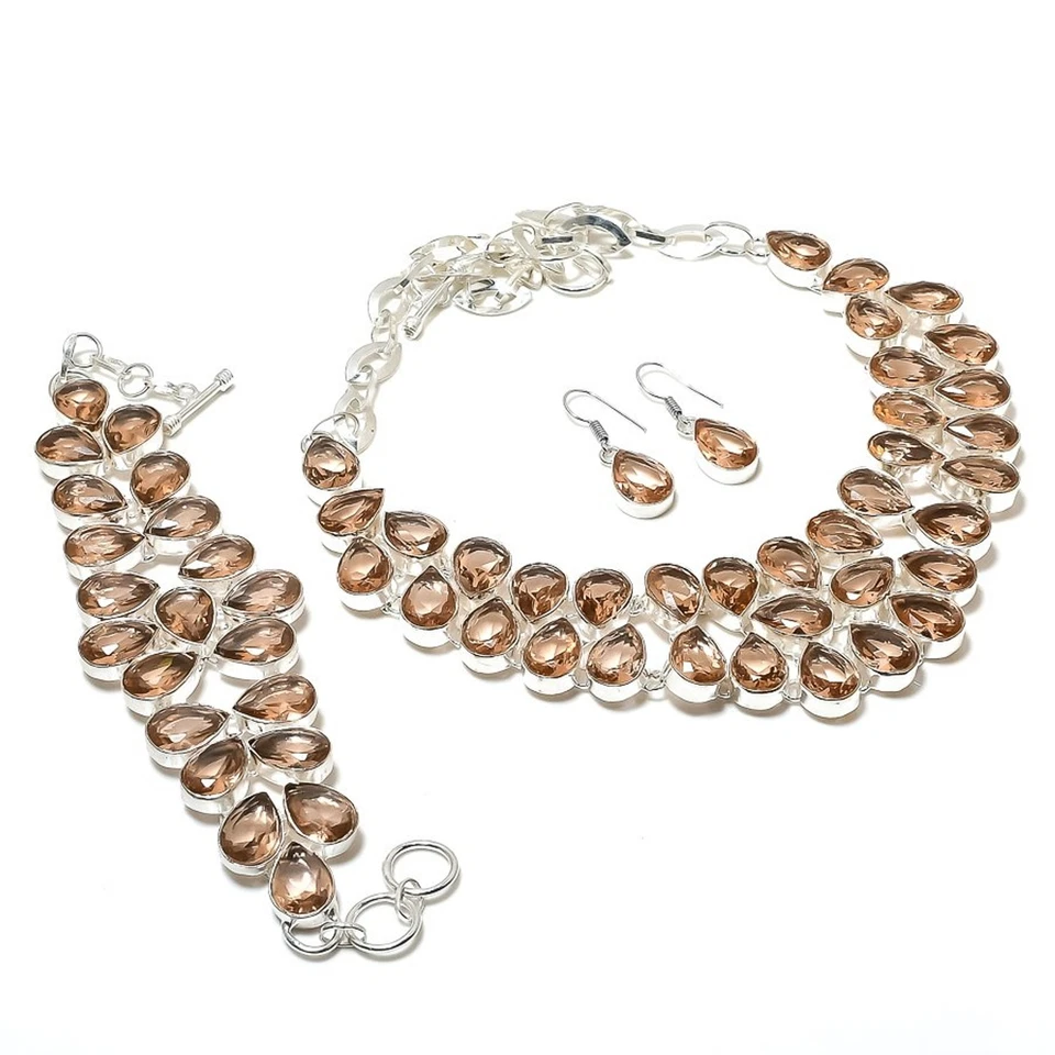 Faceted Morganite Gemstone Handmade 925 Sterling Silver Beautiful Jewelry Set s0 - Image 1 of 4
