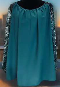 CATO Ladies Size 22/24W (3XL) Blouse Teal Pullover w/Sequin Puff Sleeves NWT - Picture 1 of 6