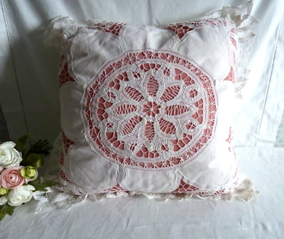 Ancien coussin housse carrée blanche dentelle luxeuil renaissance 40/40cm - Photo 1/4