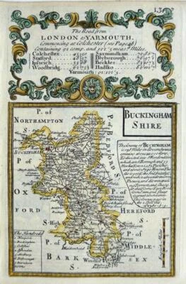 BUCKINGHAMSHIRE BUCKINGHAM POR EMANUEL BOWEN c1720 MAPA GRAVADO ANTIGO GENUÍNO - Imagem 1 de 2