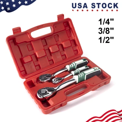 3PCS Ratchet Wrench Set, 1/4" 3/8" 1/2" Drive Socket Wrench Quick-Release - Image 1 of 4