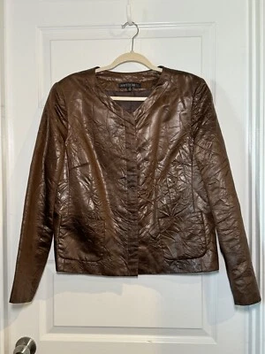 Jaqueta Lafayette 148 tamanho 14 marrom acetato enrugado sem colarinho botões ocultos - Imagem 1 de 4