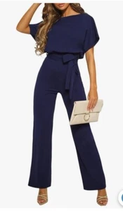 Short Sleeve Belted Navy Jumpsuit Long Pants Back Keyhole Romper Playsuit Small - Picture 1 of 6
