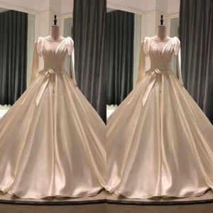 Elegant Wedding Dresses Long Sleeves Beading Princess Satin Bridal Gown With Bow - Picture 1 of 9