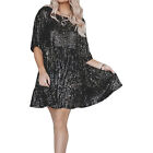 Women Sequin Baby Doll Dress Round Neck Short Sleeve Sparkly Tiered Tunic Dress