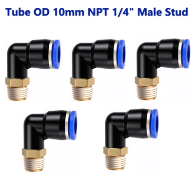 Pneumatic Push to Connect Fittings Elbow Tube OD 10mm NPT 1/4" Male Thread 5PCS  - Image 1 of 4