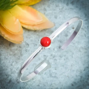 Splendid Rojo Coral Piedra Preciosa 925 Plata de Ley Handmade Pulsera Puño - Imagen 1 de 3