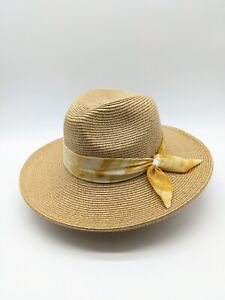 NINE WEST tie scarf packable women's panama hat UPF 50+ sun protection YELLOW