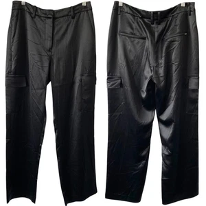 NEW GUESS Megan Cargo Satin Pants Size Medium Jet Black Business Chic Flowy - Picture 1 of 6