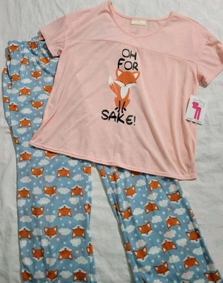 Conjunto de roupa de dormir Bobbie Brooks M "OH FOR (FOX) SAQUÊ" rosa azul raposas de malha macia - Imagem 1 de 4