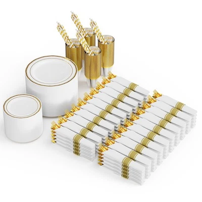 800 Pcs Gold Dinnerware Set for Party Wedding,Elegant Plastic Plates Disposab... - Image 1 of 4