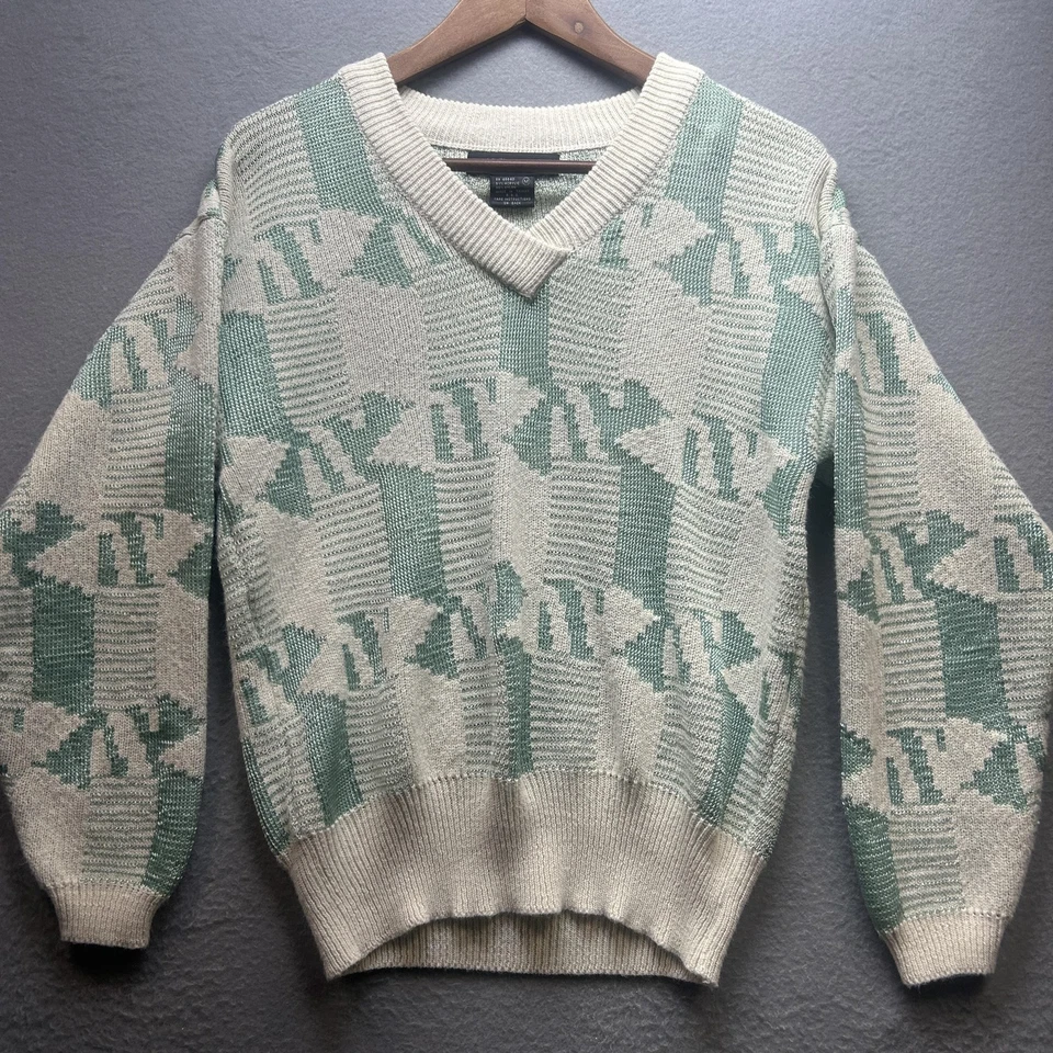 Suéter De Colección Años 90 Mujer Mediano Pesado Crema Leche Cuello en V Granola Geométrico Años 90 Foto 1 de 4
