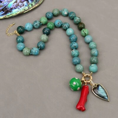 20'' Natural Green Turquoise Necklace Red Coral Labradorite Enamel Pearl Pendant - Image 1 of 4
