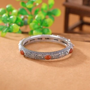 N02 Armreif zum Öffnen roter Achat Blumen und Schmetterlinge Sterling Silber 925 - Bild 1 von 4