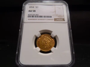 1854 AU58 Indian Princess Head Three Dollar Gold NGC Certified - Fantastic Coin - Picture 1 of 10