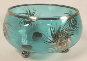 Vintage Crystal Bowl Blue Aqua Silver Overlay Pinwheel Design 3 Footed 7"W   A53 - Imagen 1 de 10