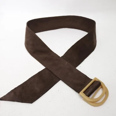 Vtg 80s Suede Waist Belt M L Brown Tapered Cream Plastic D Ring Slide Buckle - Image 1 of 4