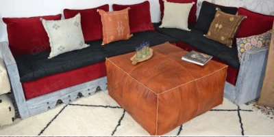 Amazing Ottoman Leather Footstool Genuine 30''Moroccan Pouffe Boho Unstuffed - Image 1 of 4
