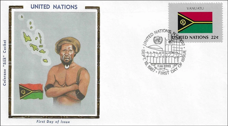 Vanuatu National Costume Dress Flag Map UN Gold Folio Silk FDC Cachet 1987 - Image 1 of 1