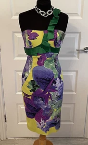 Sm Uk 10 Vgc KAREN MILLEN Cruise Prom Races MOB Summer dress Yellow Green Purple - Picture 1 of 11