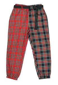 Almost Famous Two-Tone Plaid 90's Style Tapered Leg Belted Jogger Pants NWT Red - Picture 1 of 1