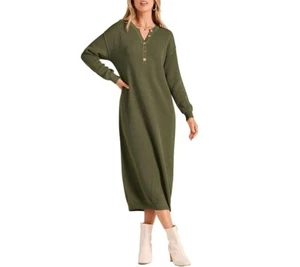 Flamingals Women's 2024 Fall Knit Sweater Dress Long Sleeve Button V Neck (S) - Picture 1 of 5