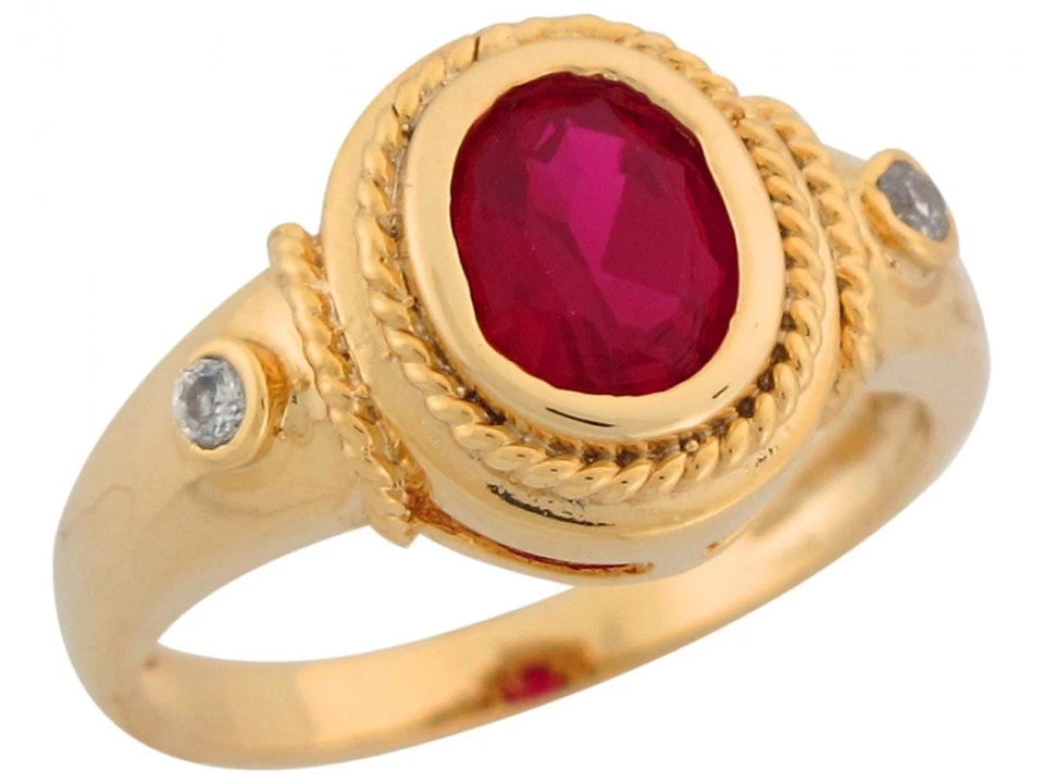 10k or 14k Yellow Gold Simulated Ruby White CZ Accent Etruscan Style Ladies Ring - Image 1 of 1