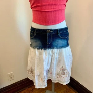 VTG YMI Lace Ruffle Denim Midi Skirt y2k 2000s 90s Western Mixed Peasant Cotton - Picture 1 of 16