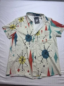 Men's Hawaiian MCM Retro Atomic Starburst Button Up Shirt Franciscan Print SZ M - Picture 1 of 8