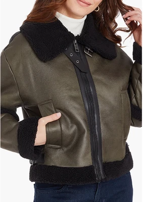 Chaqueta de cuero de oveja sintética Frye nueva con etiquetas abrigo de aviador verde oliva resistente al agua Foto 1 de 4