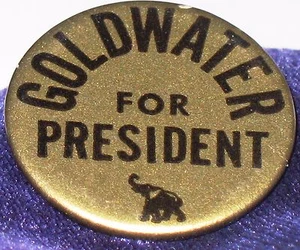 '64 Goldwater for President campaign pin 1 1/4" Black on Gold w/ Rep Party logo - Picture 1 of 6