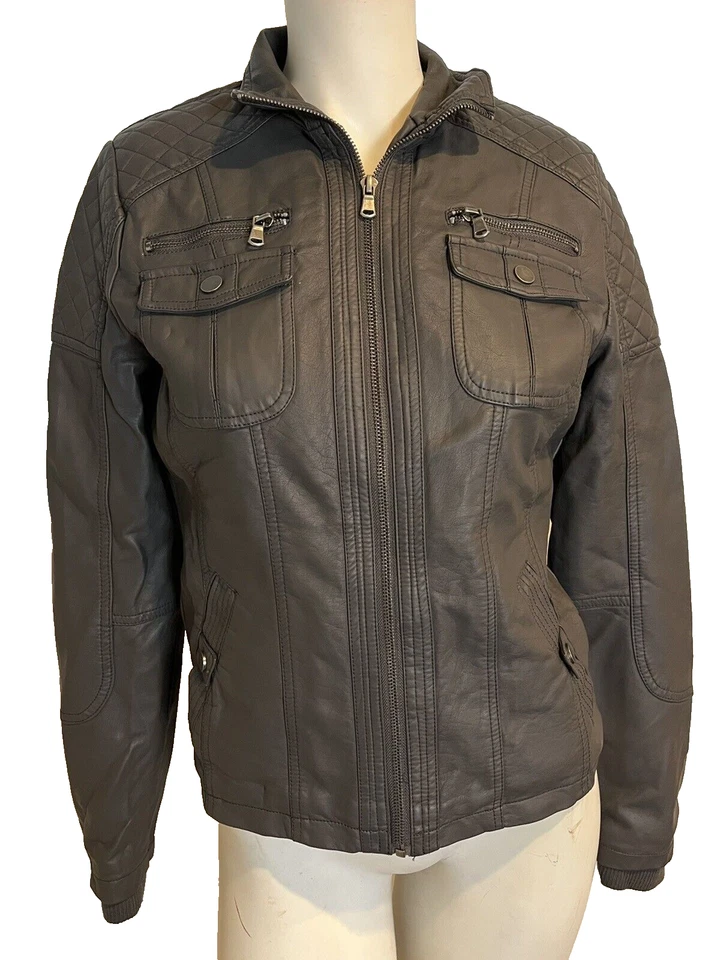 Chaqueta Bomber YMI Gris Oscuro Imitación Cuero Forrada Piel Sintética Talla S Foto 1 de 4