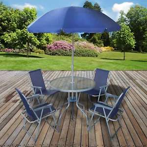 Garden Patio Furniture Set Outdoor 6PC Navy 4 Seats Round Table Chairs & Parasol - Picture 1 of 2