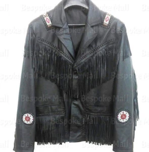 New Men's Western Style American Black Cowboy Leather Jacket Fringes Beads-1015 - Picture 1 of 4